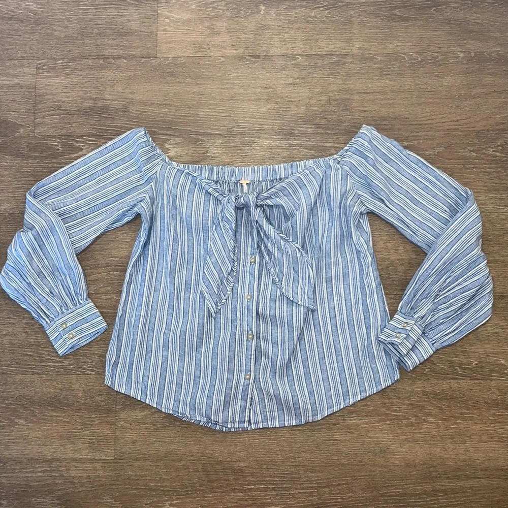 Free People Blue/White Striped Off-The-Shoulder Blouse Top - Picture 3 of 15
